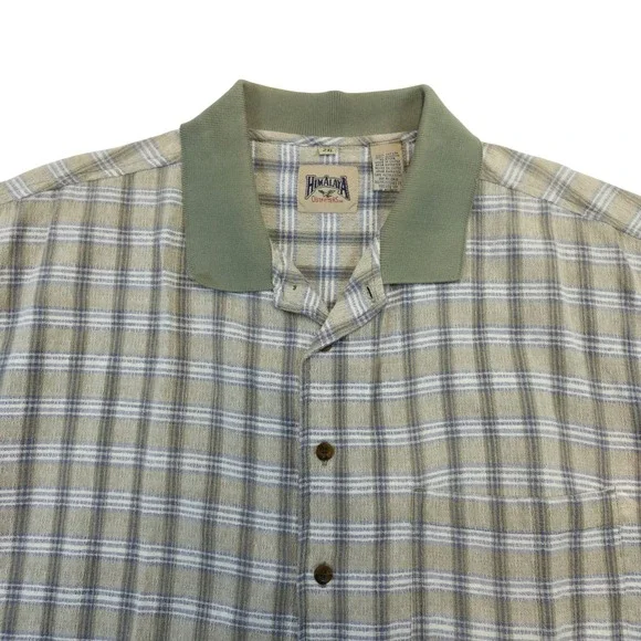 Himalaya Outfitters Plaid Green Beige Button Shirt 2XL Short Sleeve USA Cotton - Picture 2 of 8